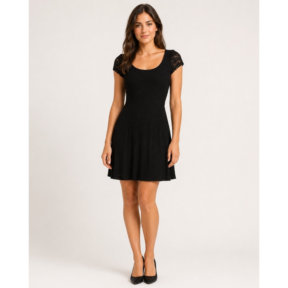 Aqua black lace fit flare dress cap sleeve cocktail party little black dress M